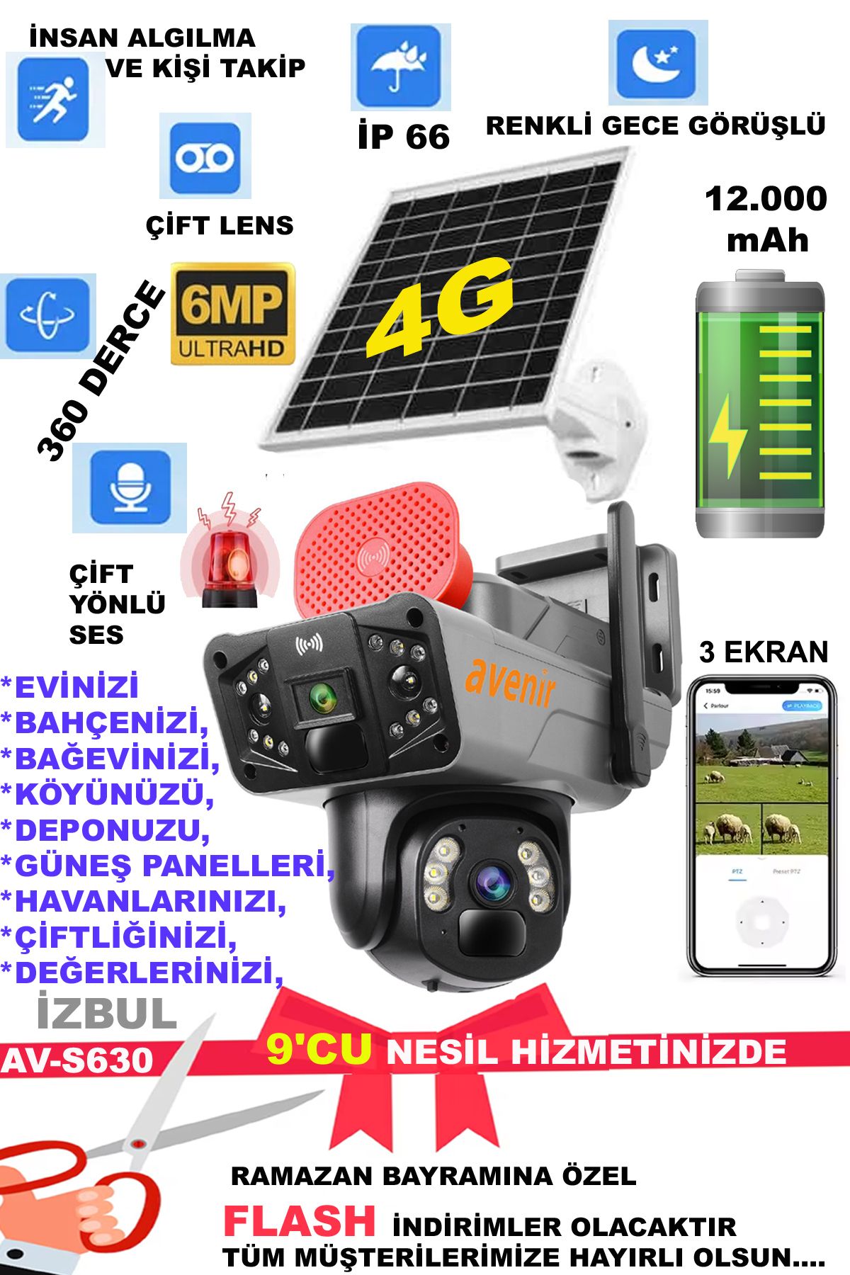 9 Cu Nesil Ve Yapay Zeka ,4g Solar Panelli,4g Güneş Enerjili,sim Kartlı Kamera ,6 Mp,güçlü Batarya