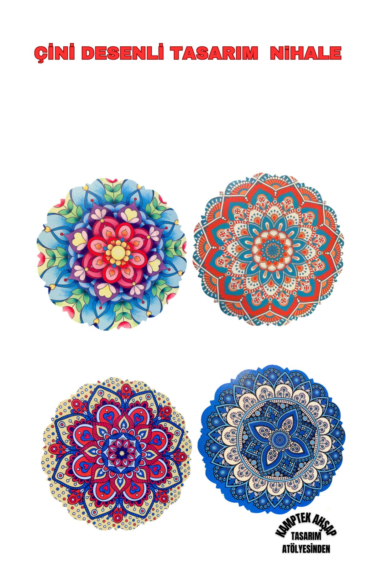 4 Adet Ahşap Otantik Çini Desenli Renkli Nihale15cm