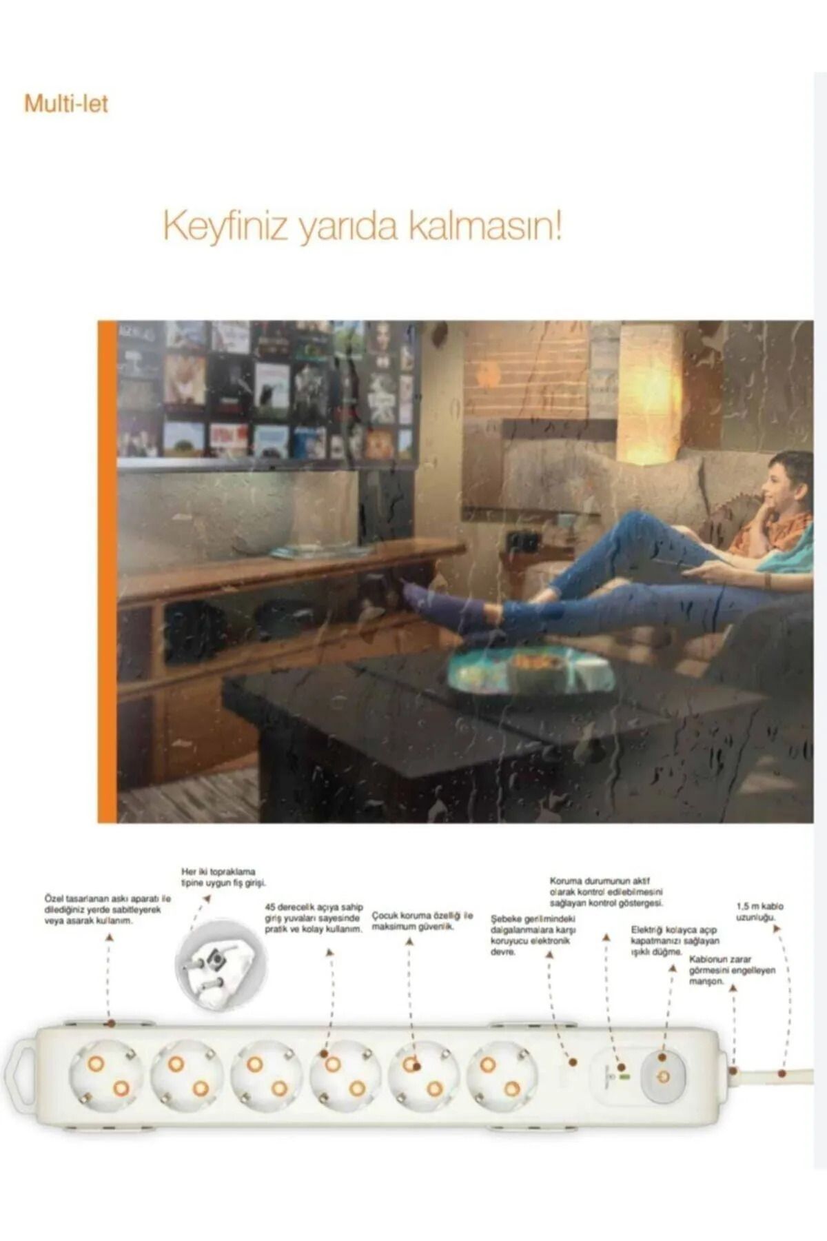 Multilet Şok ( Akım ) Korumalı Grup Priz Altılı Anahtarlı 1.5 Mt.
