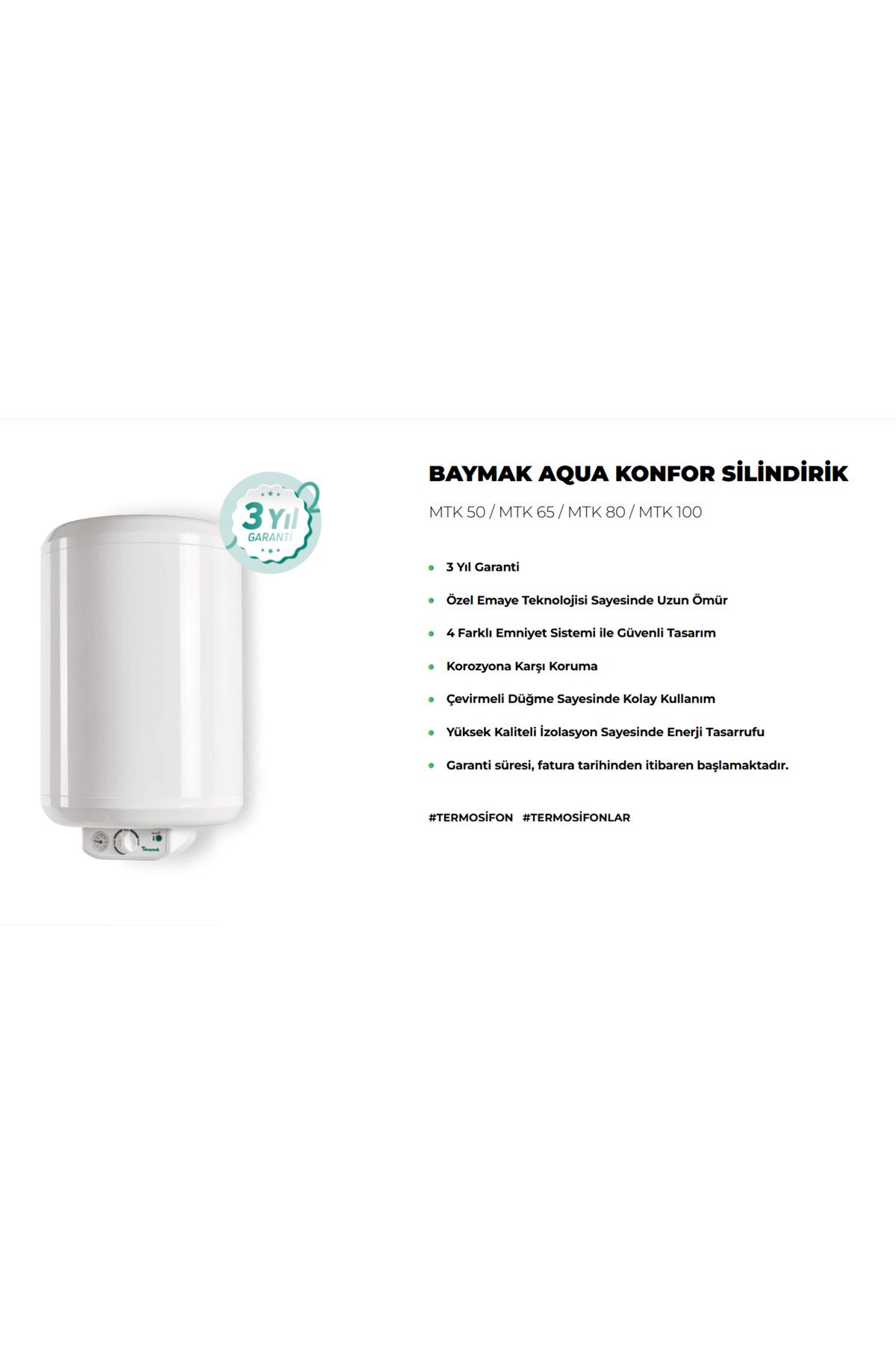 Aqua Konfor Termosifon 65 Lt (MONTAJ HARİÇ)