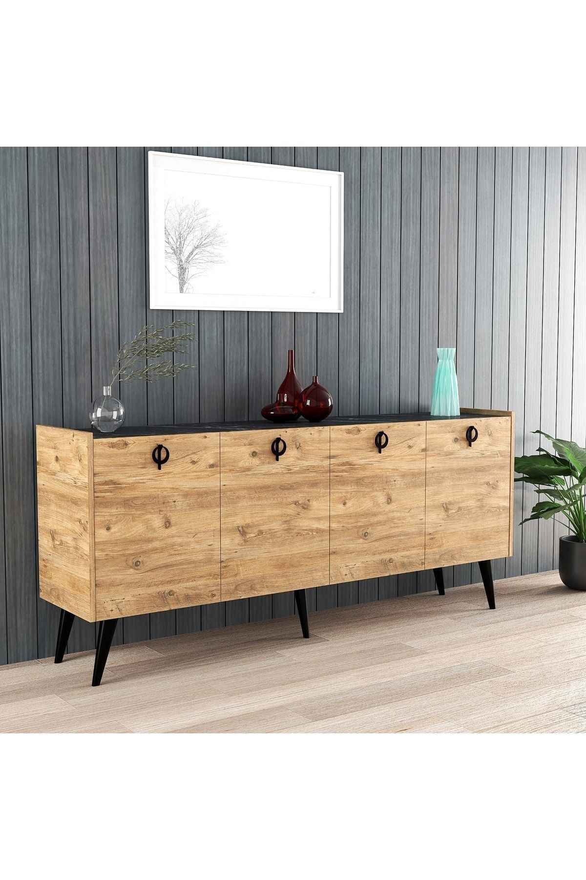 Kaya Konsol Atlantik Çam Mermer Desenli 180 cm Yemek Odası Ofis Salon Ünite