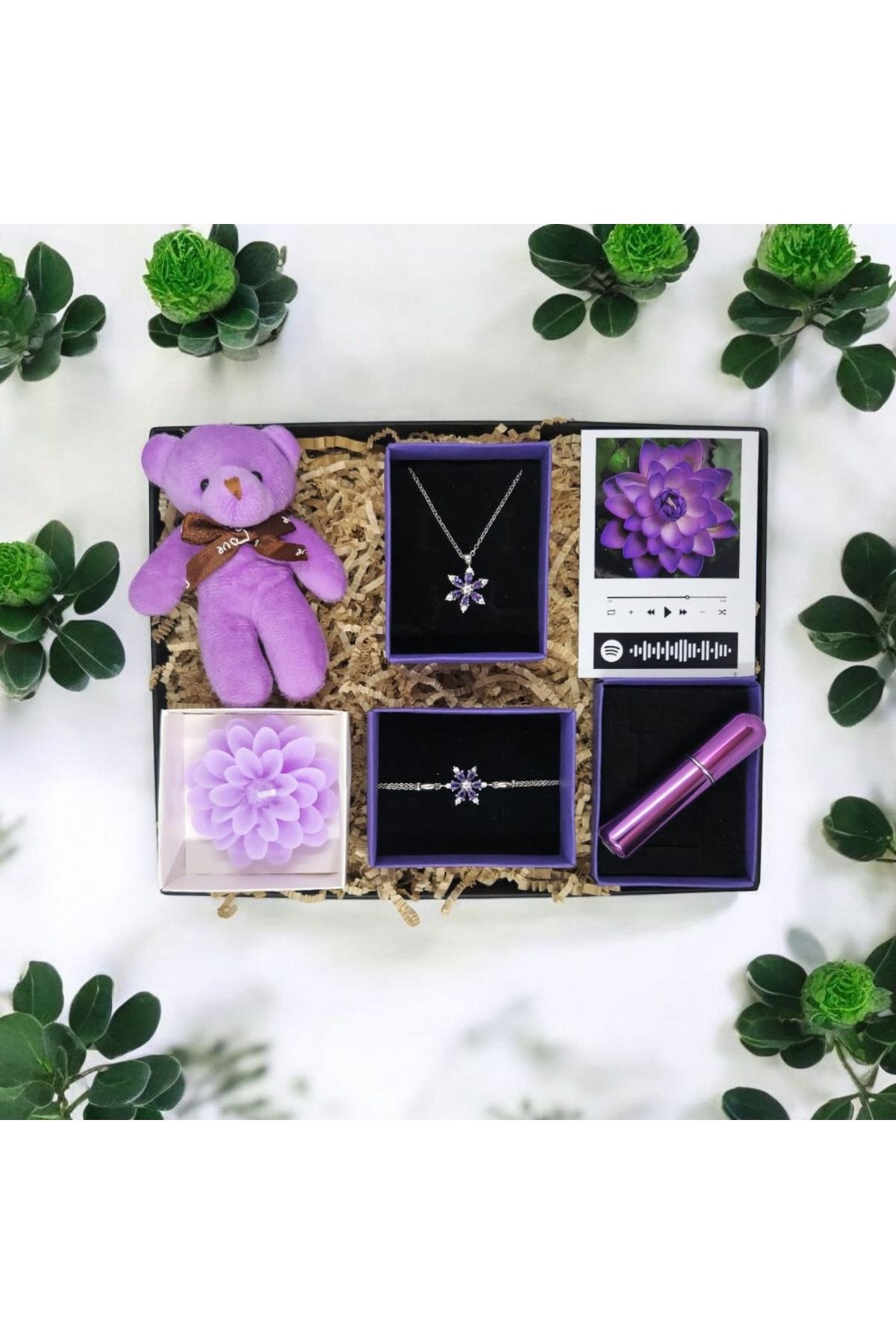 Marmori Kişiselleştirilebilir Çelik Mor Lotus Kolye Bileklik Set Parfüm Peluş Ayıcık Mum Hediye Seti