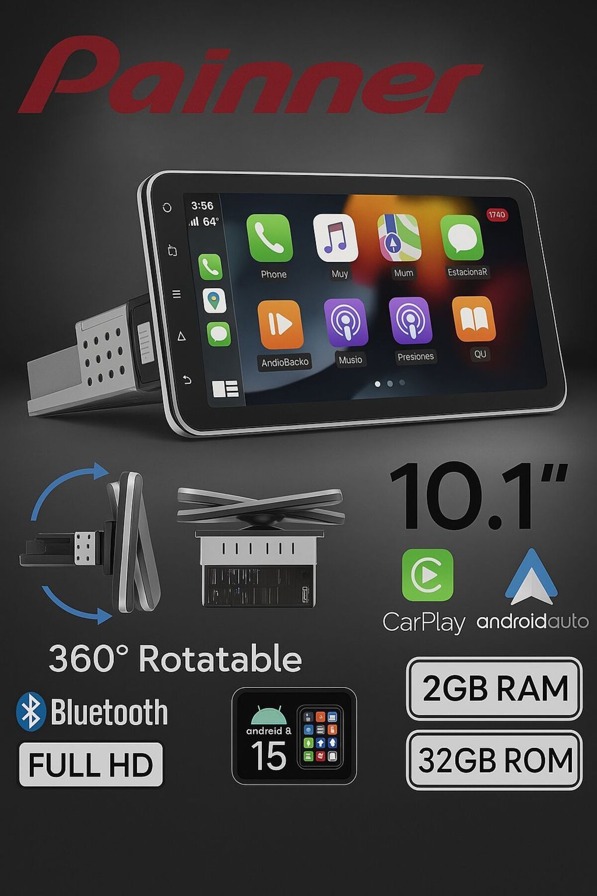 P1002 10.1inç Android 15 Tek Din Carplay 2gb Ram 32gb Hafıza 360 Derece Ekran Multimedya Teyp