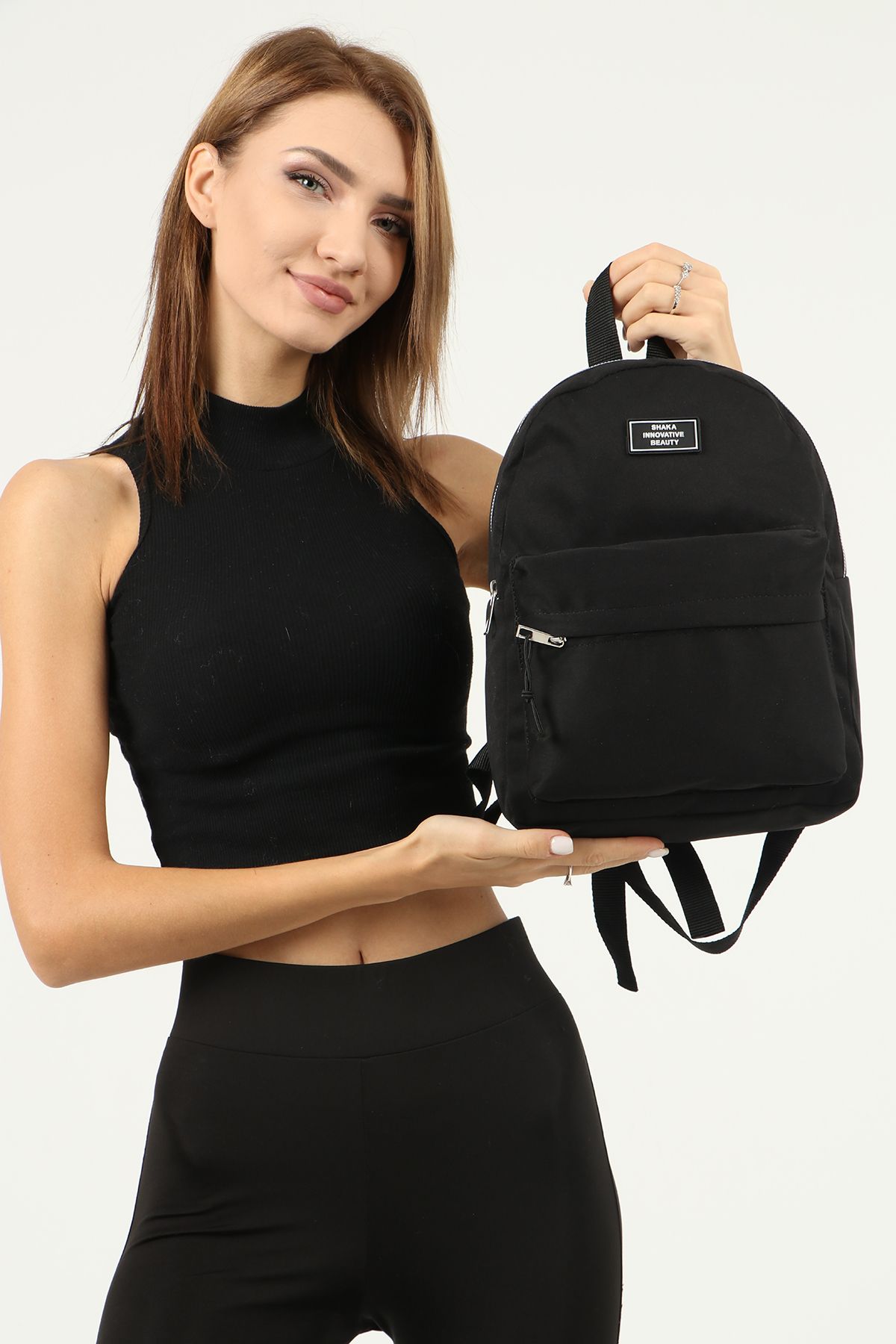 Siyah U21 Fermuarlı 2 Bölmeli Ön Cep Detaylı Kanvas Kumaş Unisex Sırt Çantası U:32 Cm E:24 Cm G:11 C