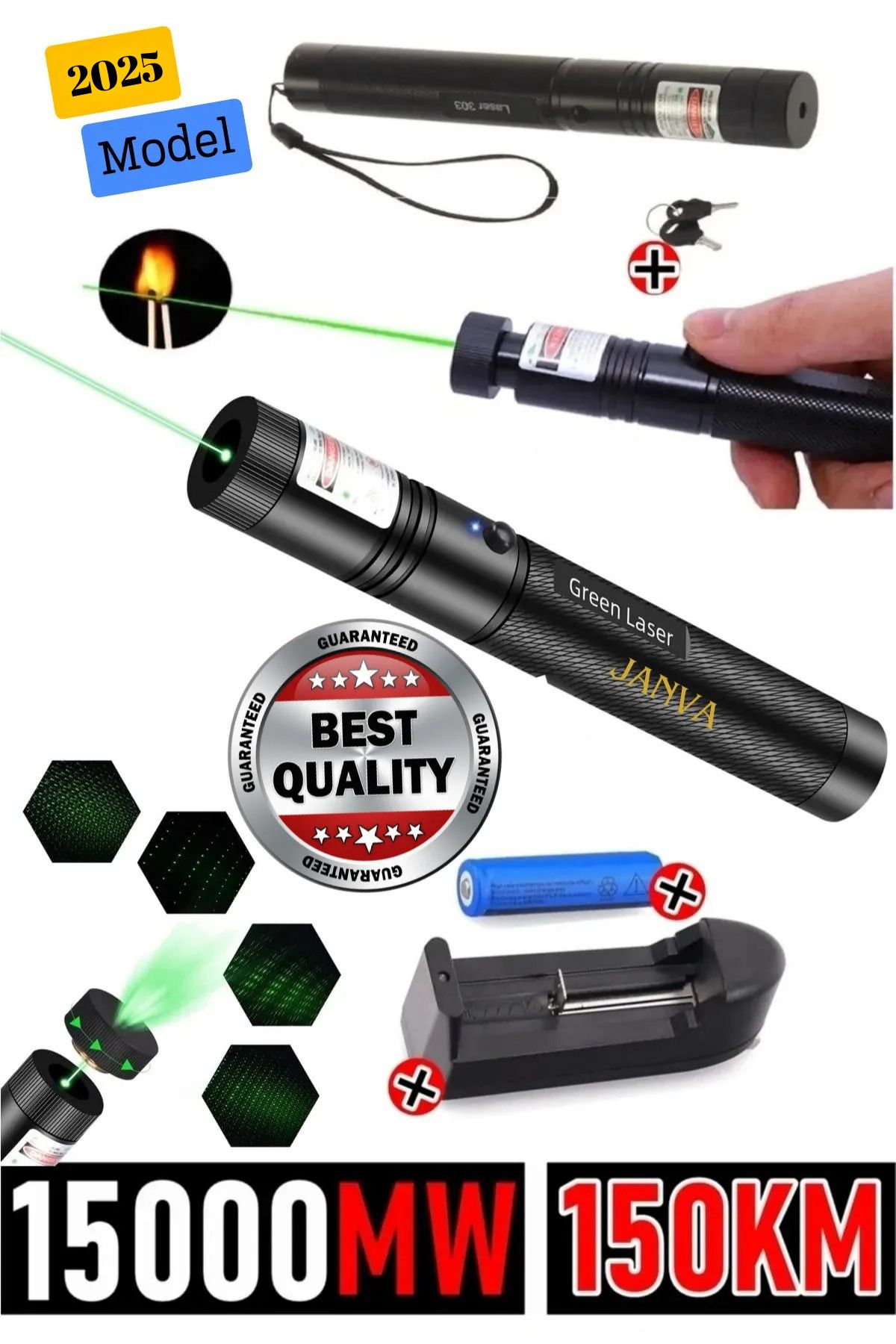Şarjlı Turbo Yeşil Lazer Pointer Kibrit Yakabilen 15000 Mv Güç 150km Metal Kasa Green Laser