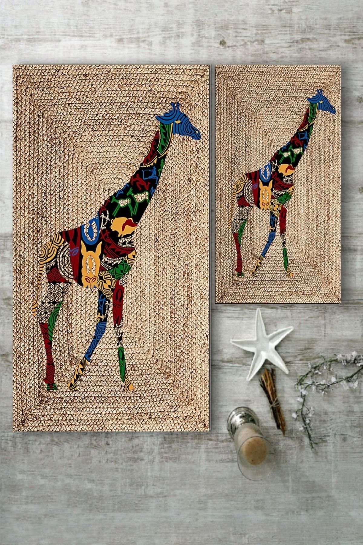 Renkli Zürafa Desenli Jüt 2'li Halı Takımı (60x100/40x60) - Esta1228