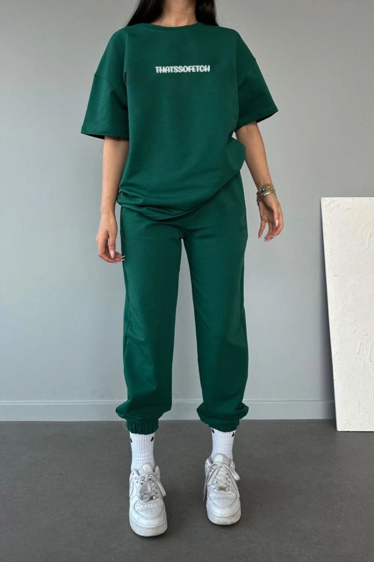 Thatssofetch T-shirt Eşofman Altı Jogger - Yeşil Baskı Alt Üst Eşofman Takımı Oversize Bisiklet Yak