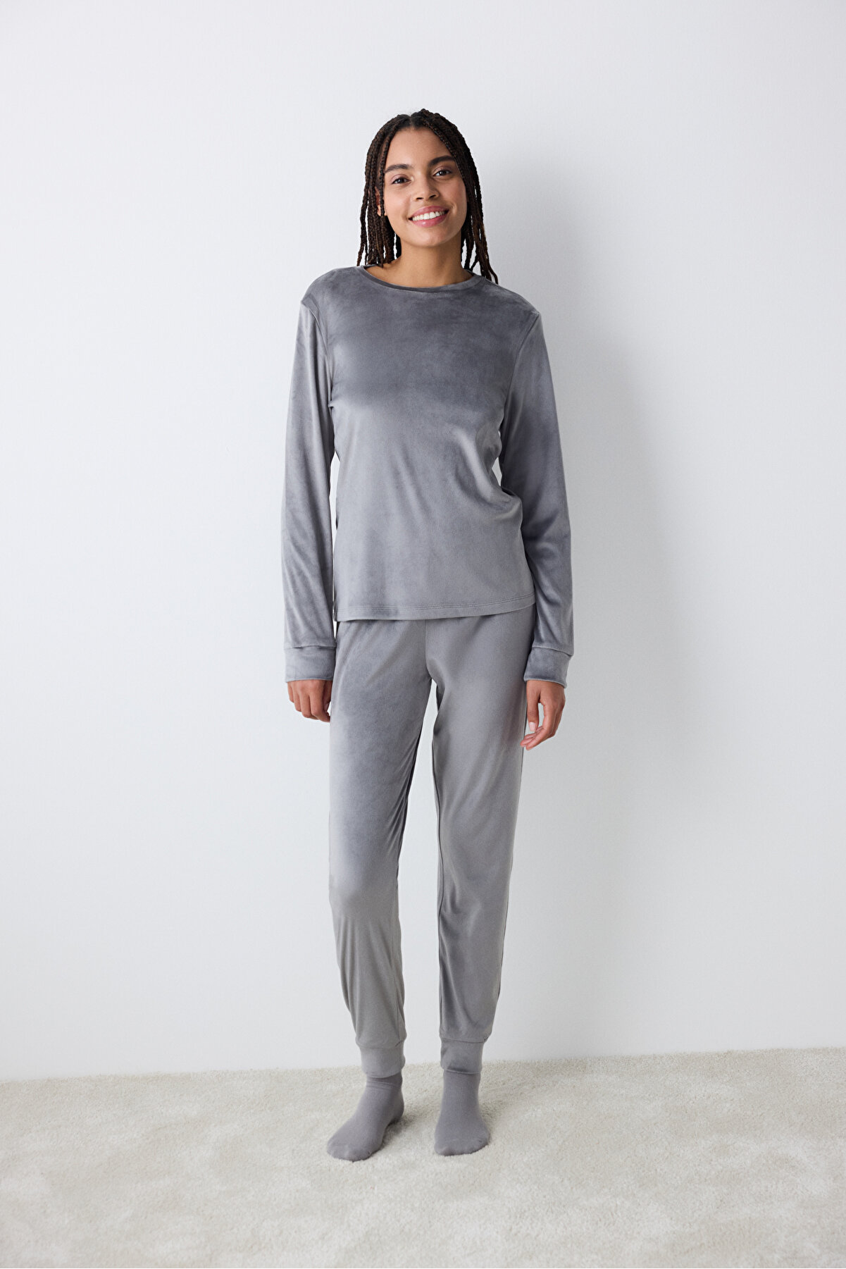 Greek Fuzzy Solid Koyu Gri Sweatshirt Pijama Üstü