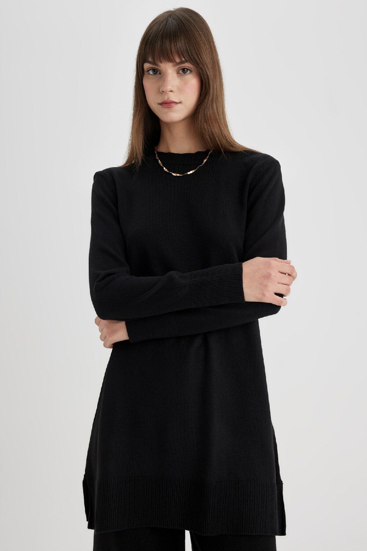 Regular Fit Bisiklet Yaka Yırtmaçlı Basic Düz Triko Kazak Tunik H3431az24au