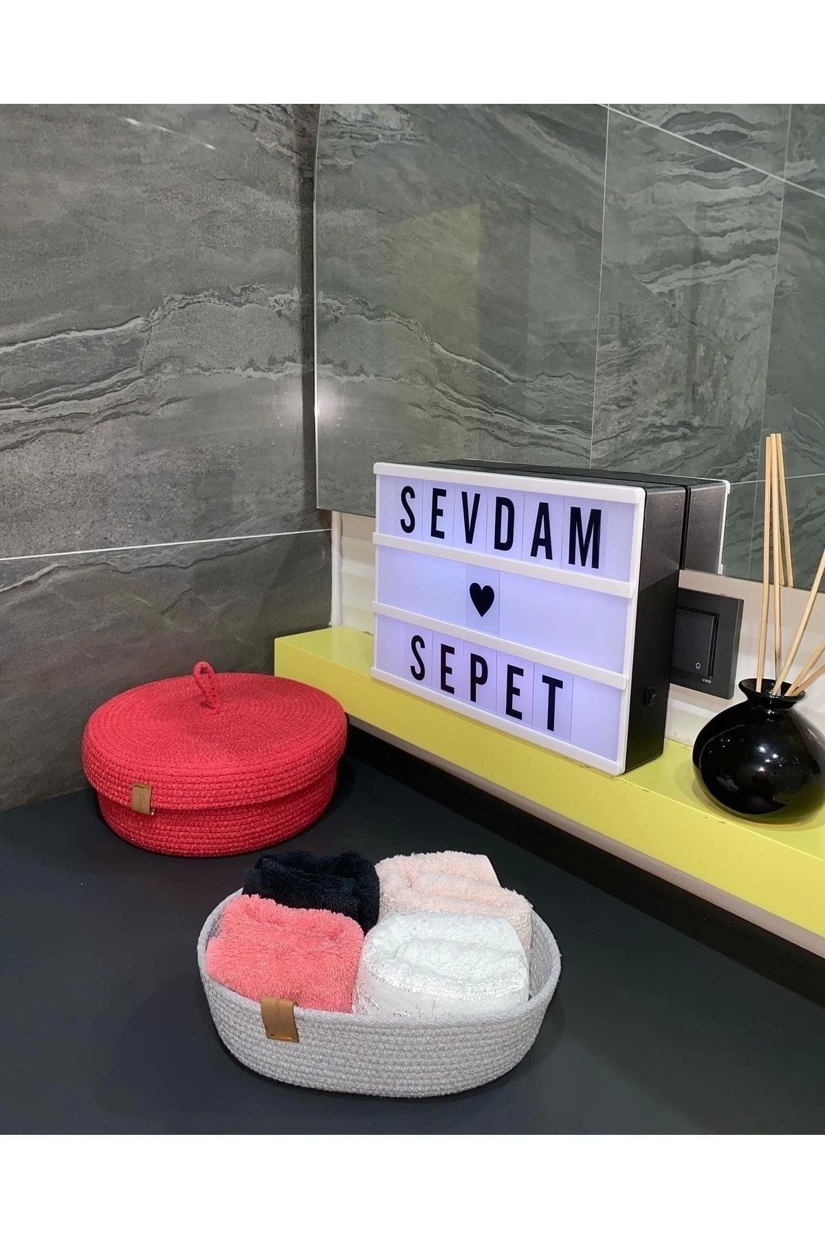 Gri Küçük Boy - Mini Havlu Sepeti, Dekoratif Sepet, Pamuk Ip, Kordon Ip