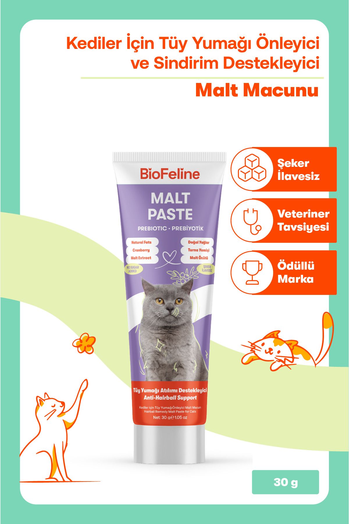 Kediler İçin Tüy Yumağı Önleyici ve Sindirim Destekleyici Malt Macunu 30g-Deneme Boy