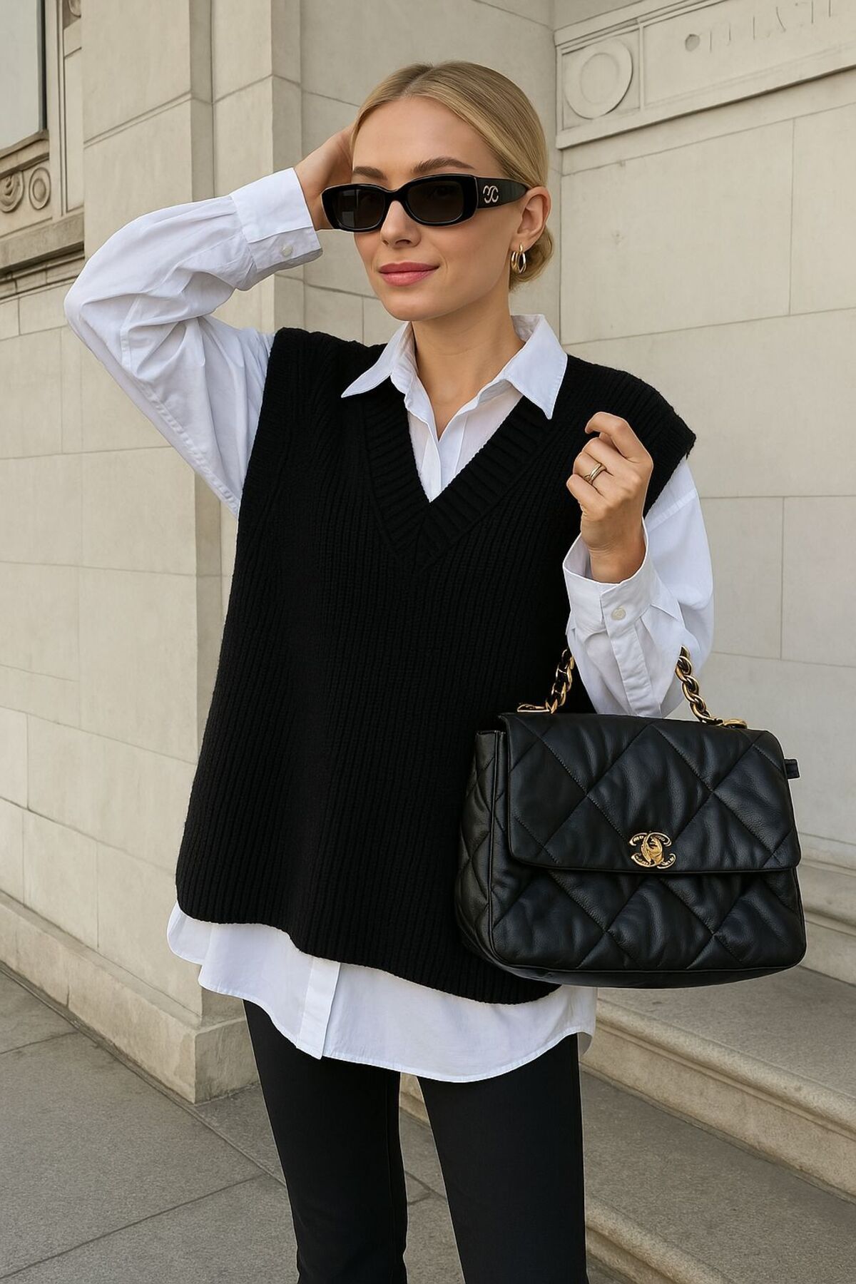 Kadın V Yaka Siyah Süveter Kolsuz Yırtmaçlı Oversize Süveter
