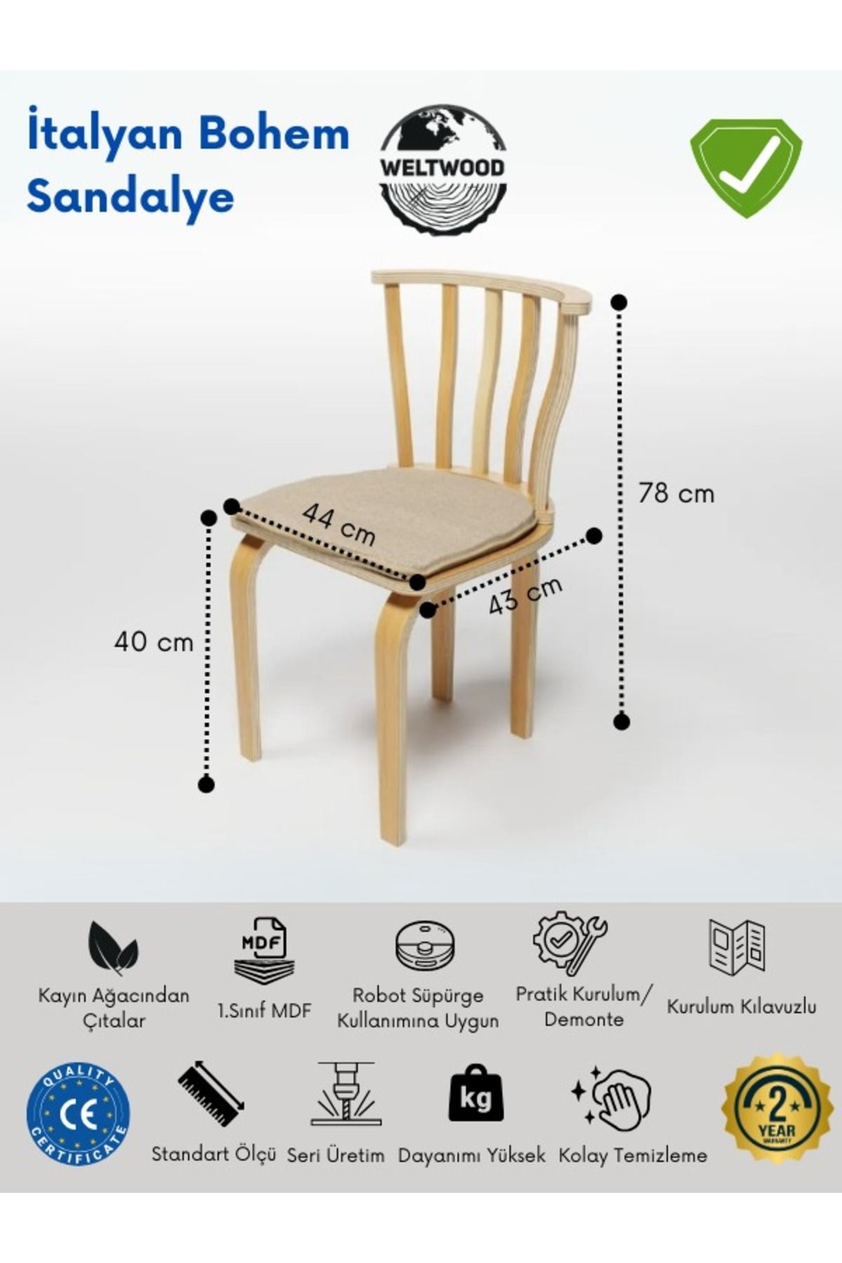 Weltwood Mobilya Bohem Ahşap 2'li Sandalye