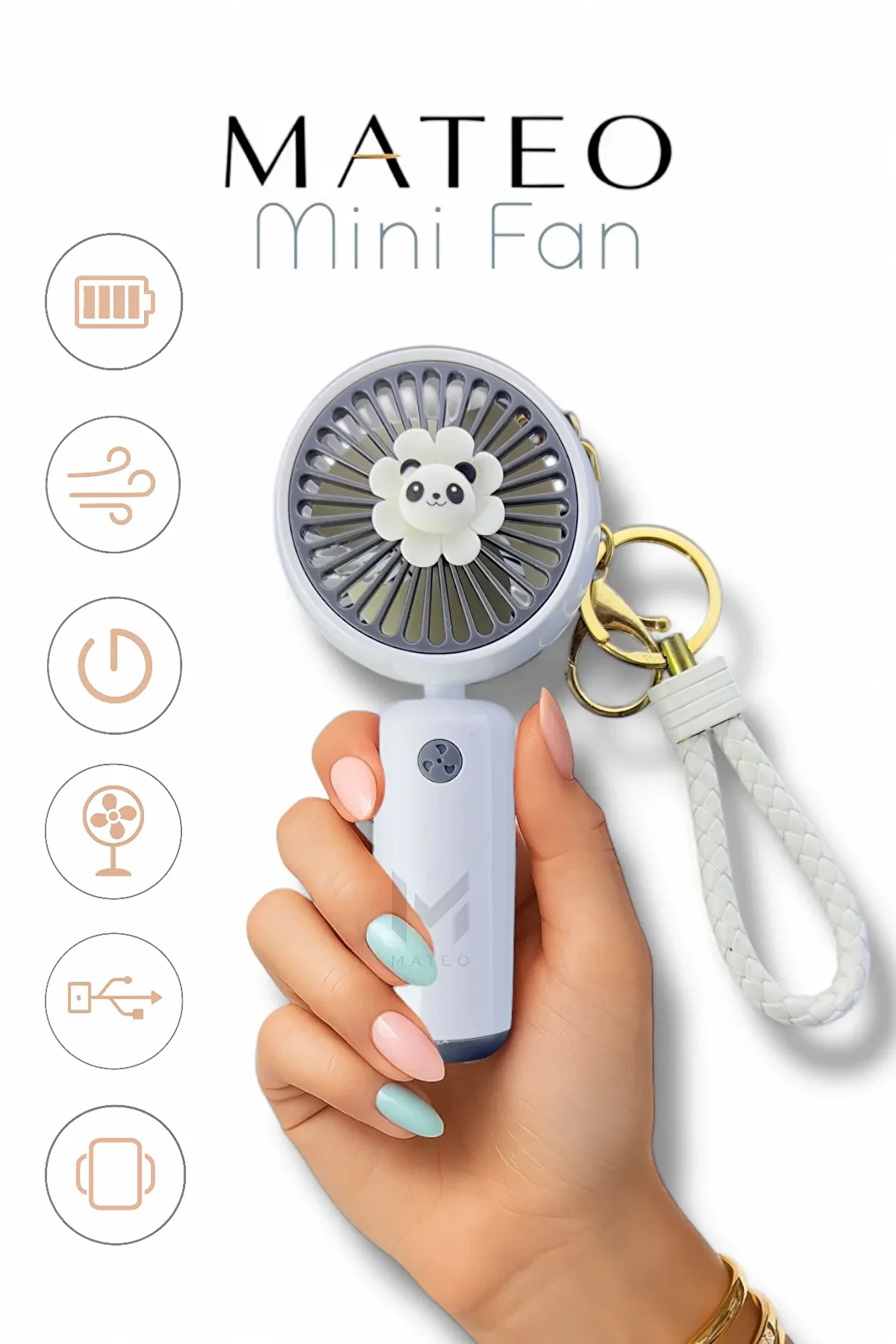 MATEO Sevimli Mini El Tipi USB Şarjlı Vantilatör | 3 Kademeli Rüzgar Gücü | Taşınabilir Sessiz Fan |