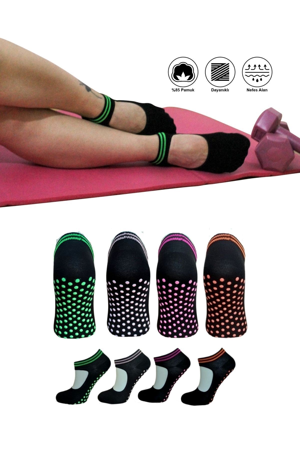4 Çift Kadın Renkli Kaydırmaz Spor Pilates & Yoga Çorabı – Pamuklu Silikon Taban