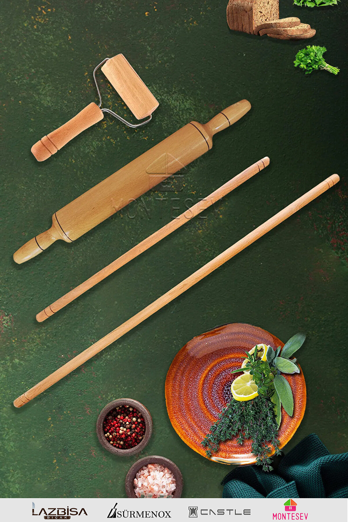 Zümrüt Serisi Ahşap Hamur Açma Oklavası Merdanesi Rulosu Hamur Şekillendirici 4 Lü Set Zmrset1