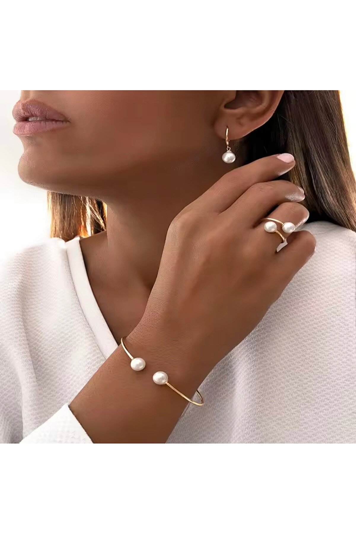 Kadın Gold İncili Takım Kombin Küpe, Yüzük, Bileklik Seti