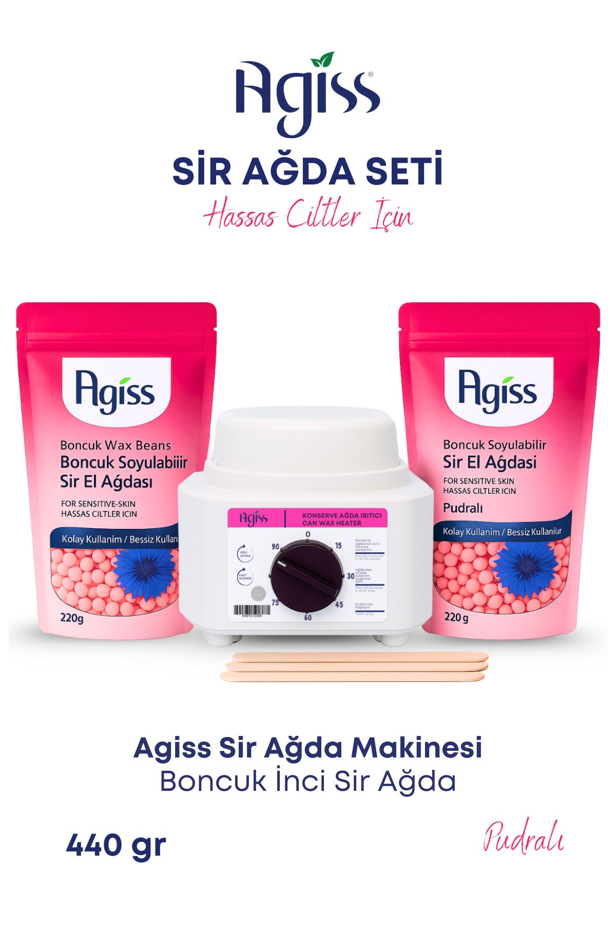 Sir Ağda Makinesi + 2 Adet Hassas Ciltler Için 220 Gr Boncuk Soyulabilir Inci El Ağda 5 Spatula Seti