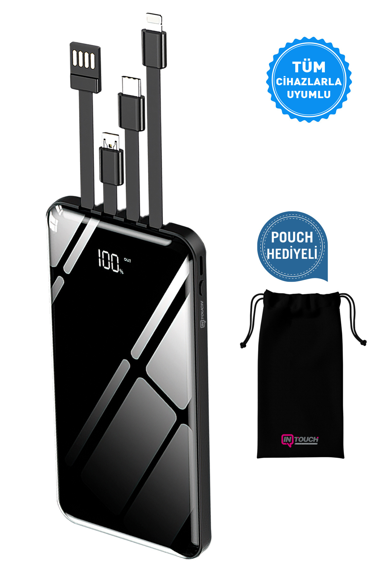 10.000 Mah Prime Dijital Göstergeli Dahili Çoklu Kablolu Powerbank,siyah,taşınabilir Şarj Cihazı