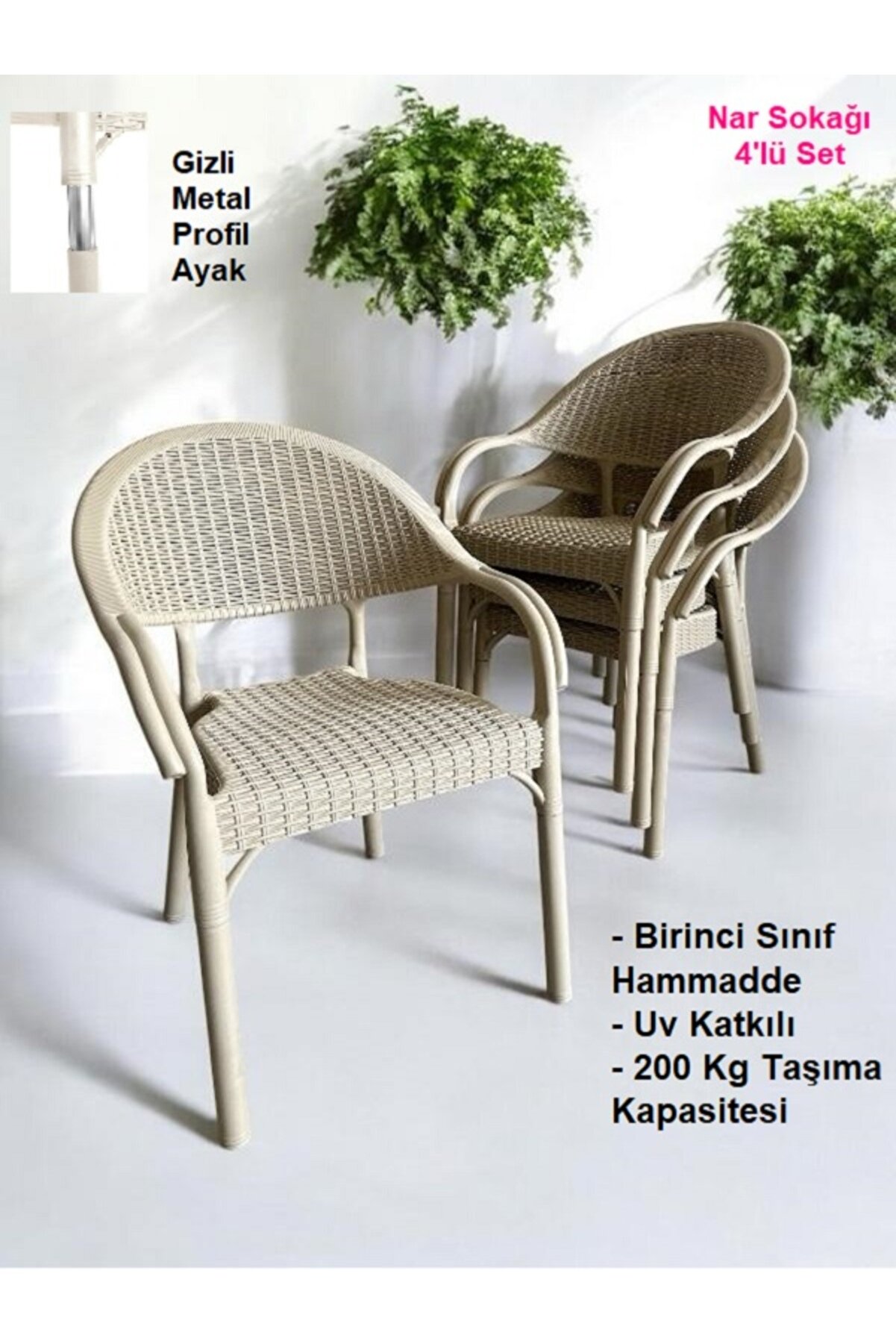 4 Adet Bambu Rattan Kollu Sandalye Koltuk 4'lü Set