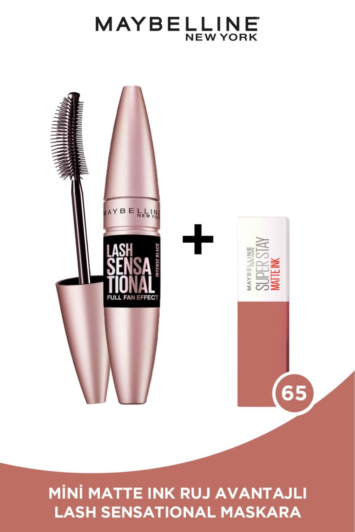 Lash Sensational Yelpaze Etkili Siyah Maskara &Mini Super Stay Matte Ink Likit Mat Ruj 65 Seductress