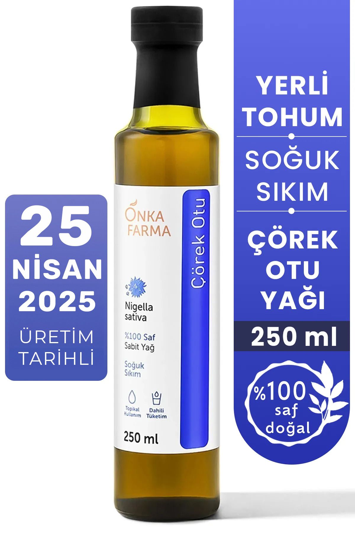 Onka Farma Soğuk Sıkım Çörek Otu Yağı 250 ml %100 Doğal %100 Saf Yerli Çörekotu Tohumundan