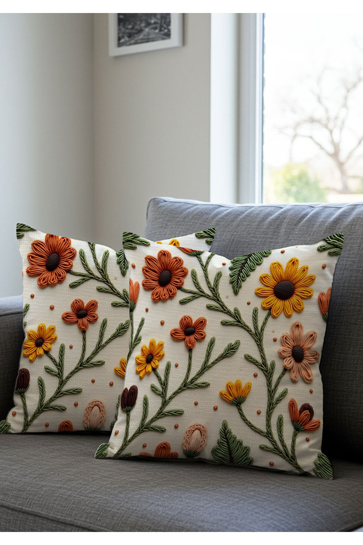 Punch Nakış Desen Dijital Baskılı Sarı Turuncu Sonbahar Temalı 2li Kırlent Kılıfı