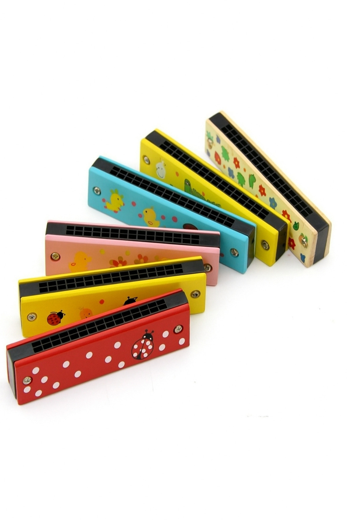 Ahşap Mızıka 16 Delikli Çift Sıralı Renkli Desenli Çocuk Mızıka