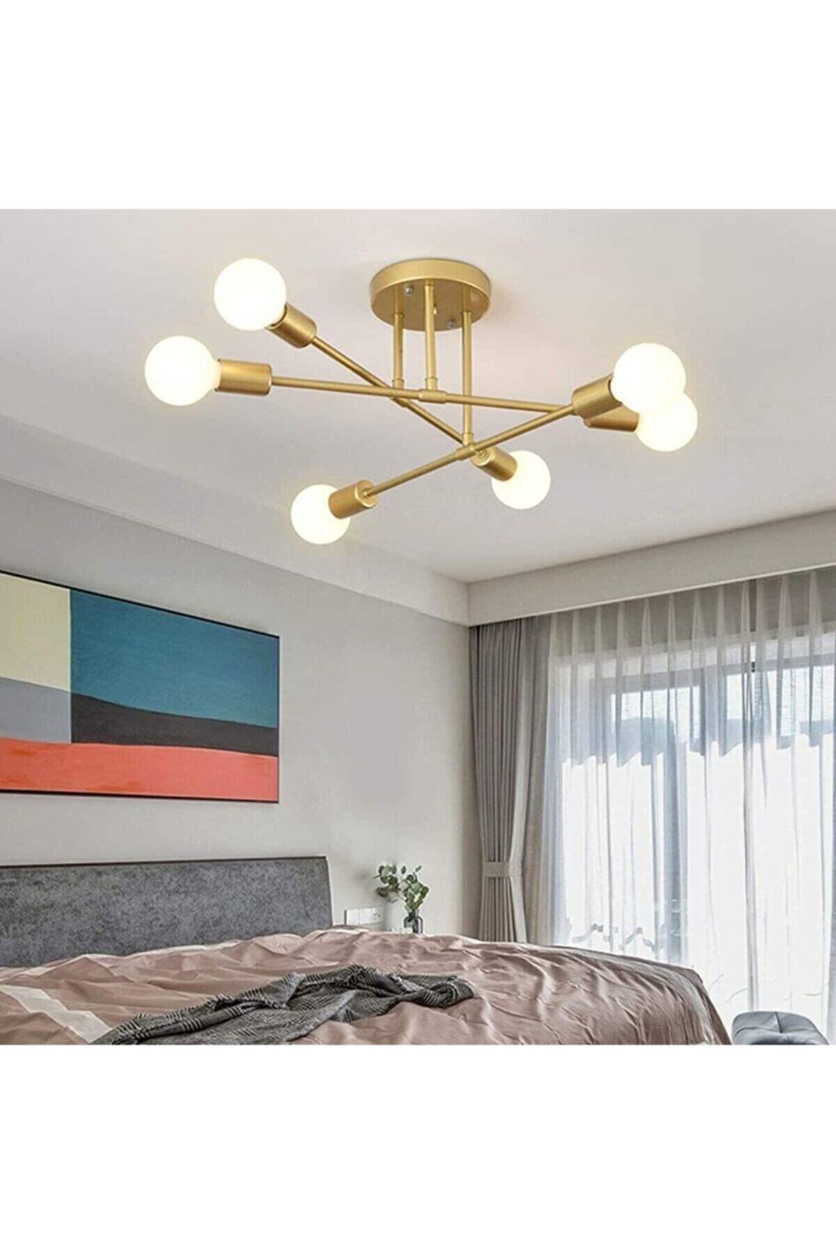 Örümcek 6 Lı Çapraz Salon - Mutfak - Yatak Odası Tavan Plofonyer Gold Eskitme Avize(AMPULSÜZ)
