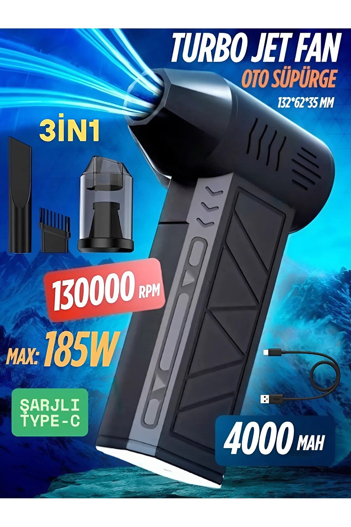 Şarjlı Mini Turbo Jet Şiddetli Fan Vantilatör Yüksek Hızlı Fanı Güçlü Hava Üfleyici Araç Süpürgesi