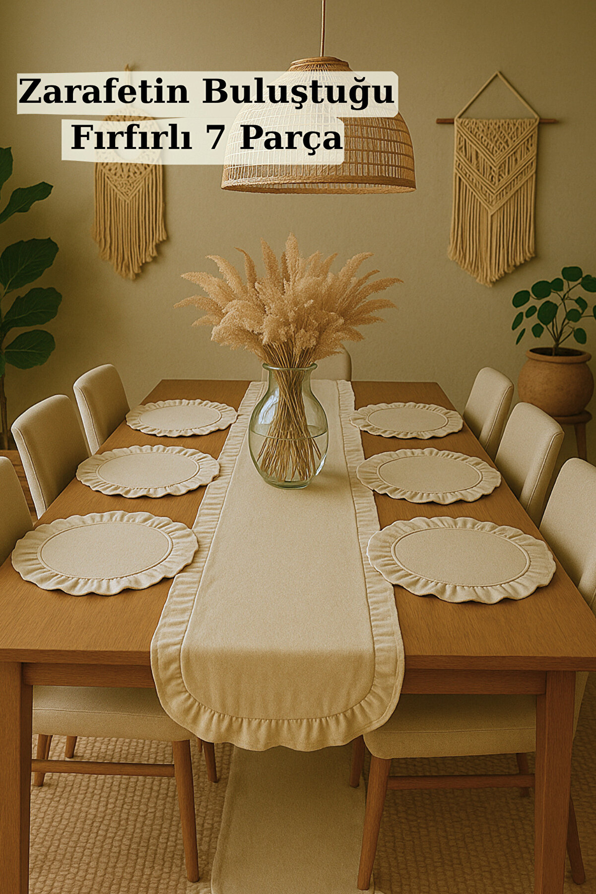 Fırfırlı Keten Runner & 6'lı Fıfırlı Supla Seti - 7 Parça Çeyiz Seti