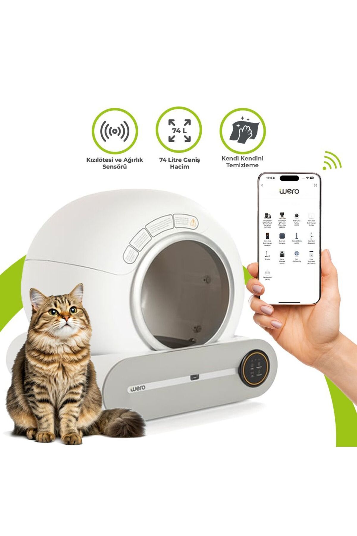 Akıllı Otomatik Kedi Tuvaleti Kum Kabı, Kızılötesi, Ağırlık Sensörü, 65l Geniş Hacim