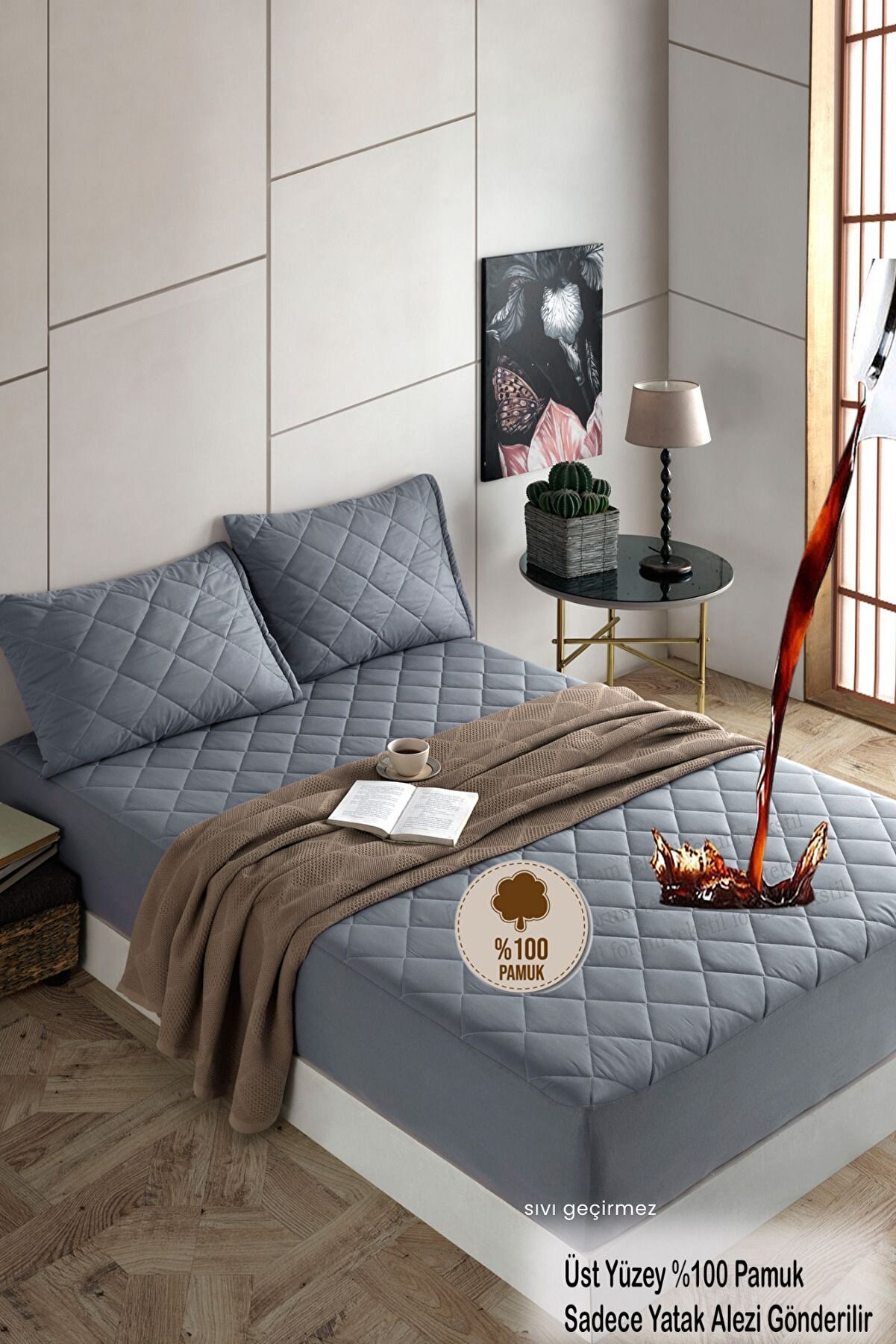 Gri %100 Pamuk Kapitone Fitted Su Sıvı Geçirmez Yatak Koruyucu Tek-Çift Kişilik-Battal Yatak Alezi