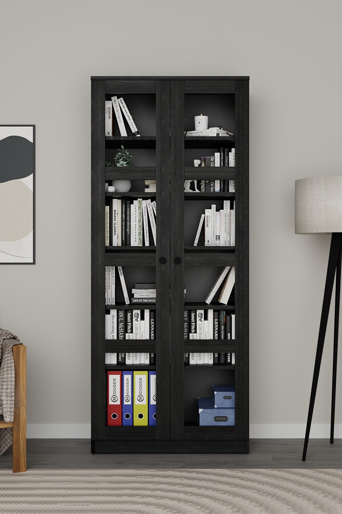 Lucas Cam Kapaklı Vitrin - Büfe - Kitaplık ve Çok Amaçlı Dolap ( AYARLANABİLİR RAF ) - Siyah