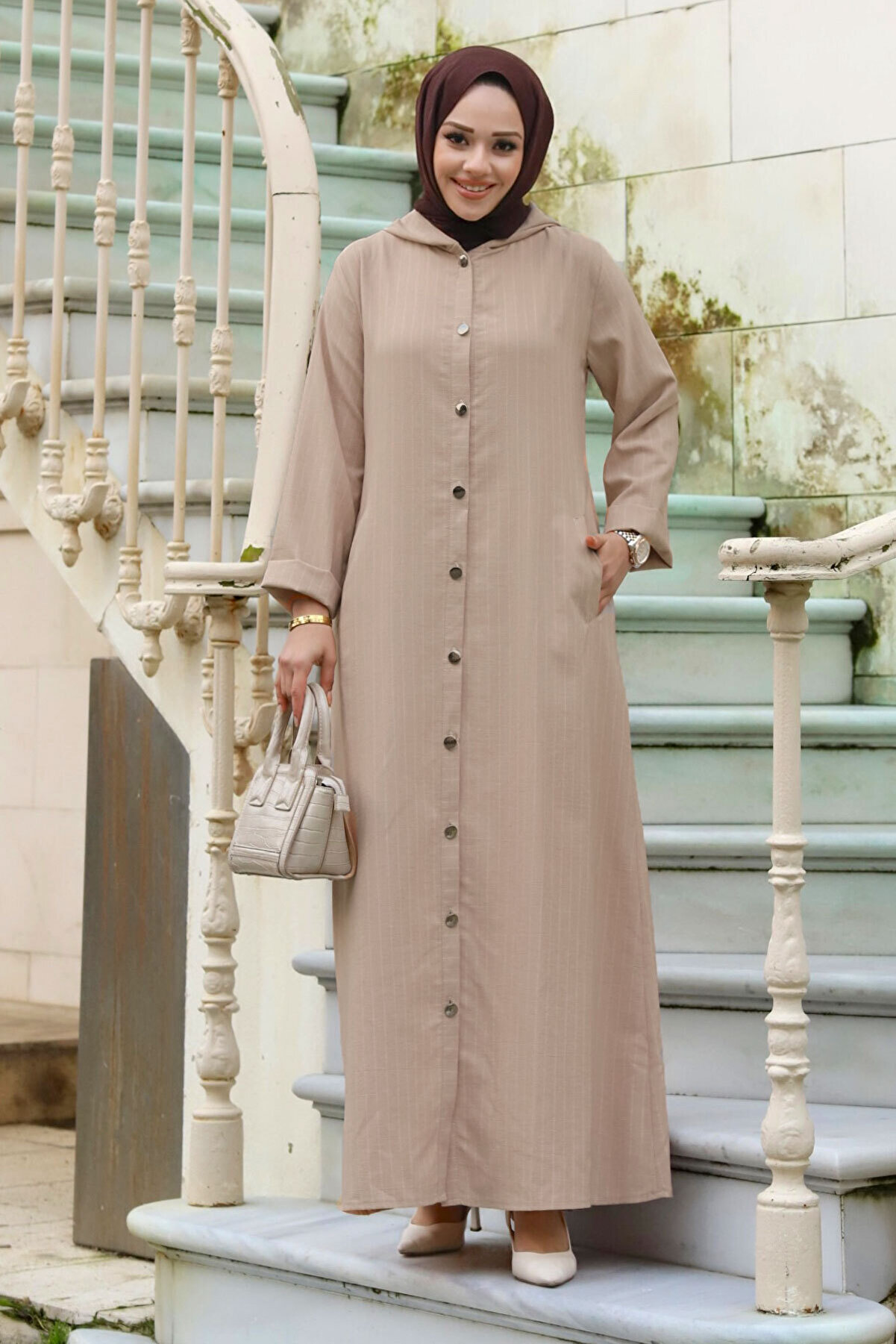 Ahsen Boydan Düğmeli Kap TSD240103 Vizon