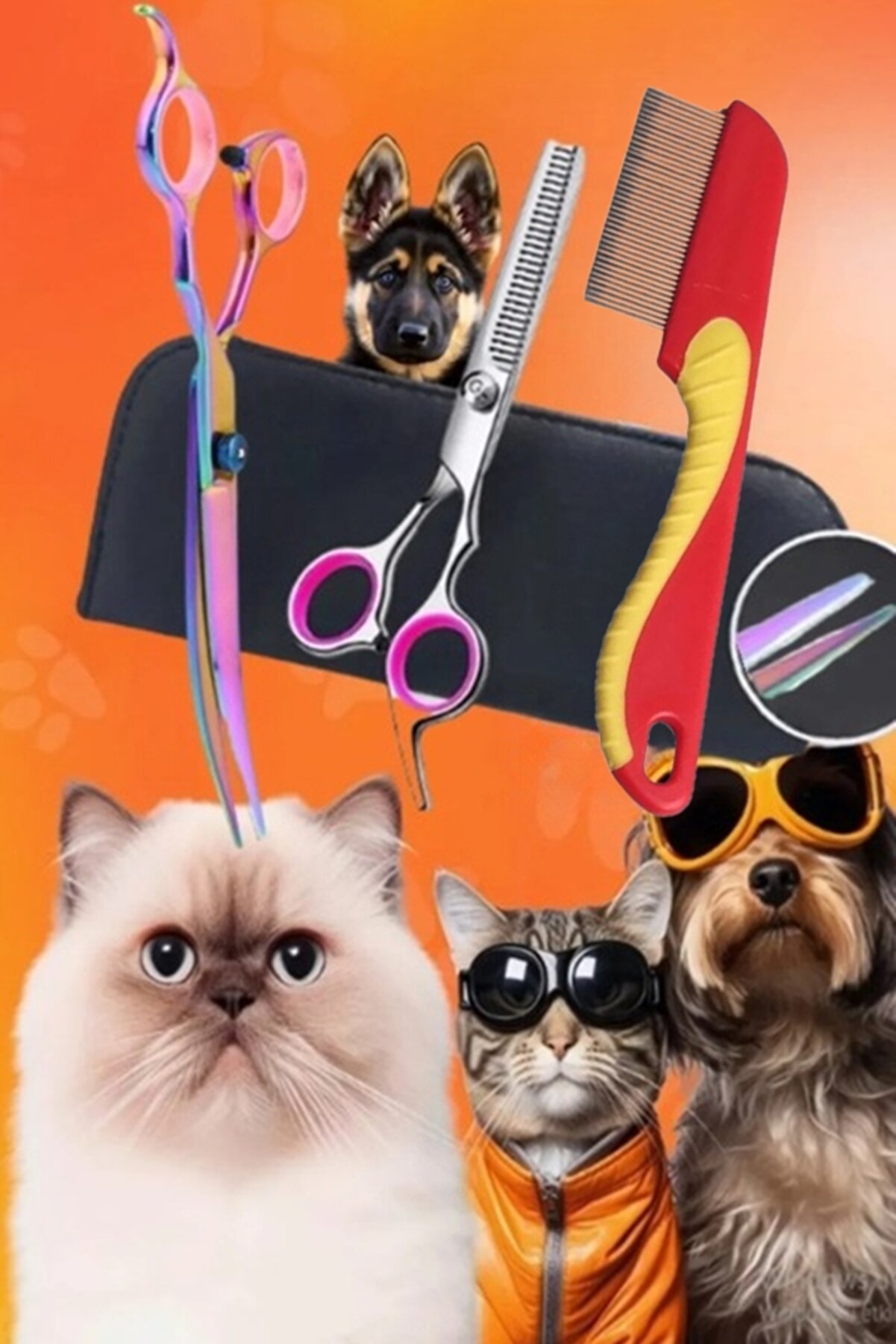 7 İnç Bit Taraklı 4 Parça Deri Çantalı Evcil Hayvan Özel Tıraş Seti Kavisli Makas Ara Makas Tarak