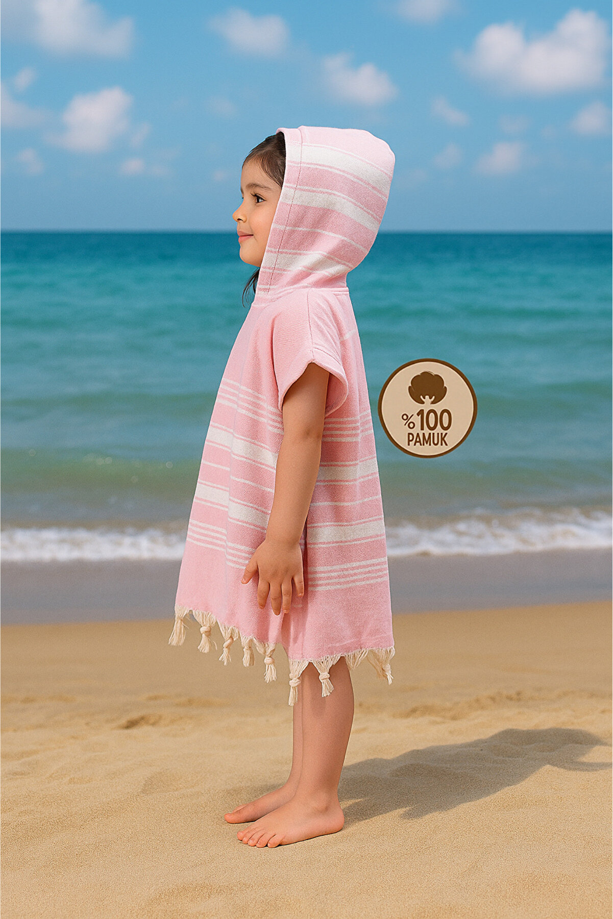 Çocuk Bornoz Panço %100 Pamuk Plaj Havlusu Peştemal Pembe