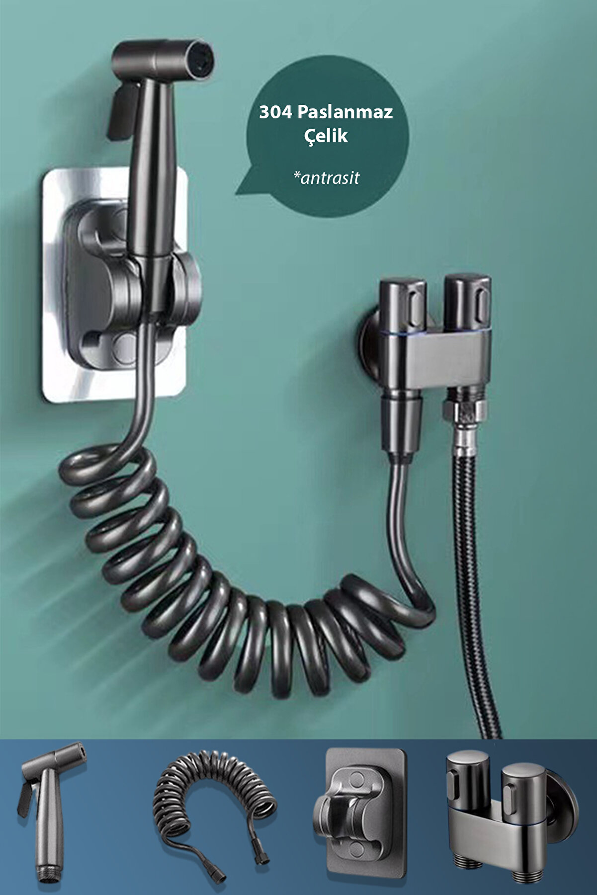 Banyo Bide Basınçlı Püskürtücü Taharet Musluğu Klozet Hortumu Antrasit
