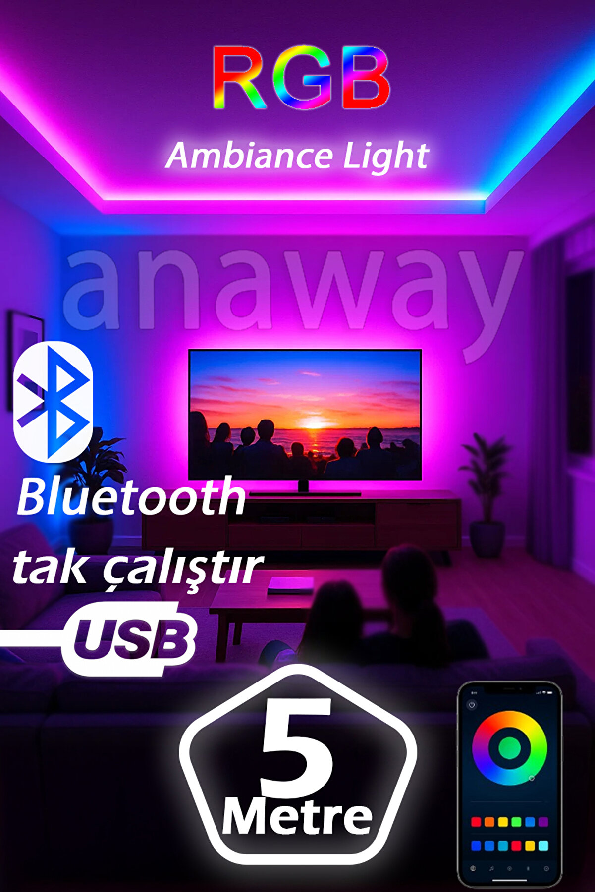 Bluetooth Rgb Led Şerit Led Şerit 5m Tv Arkası Rgb 16 Renk