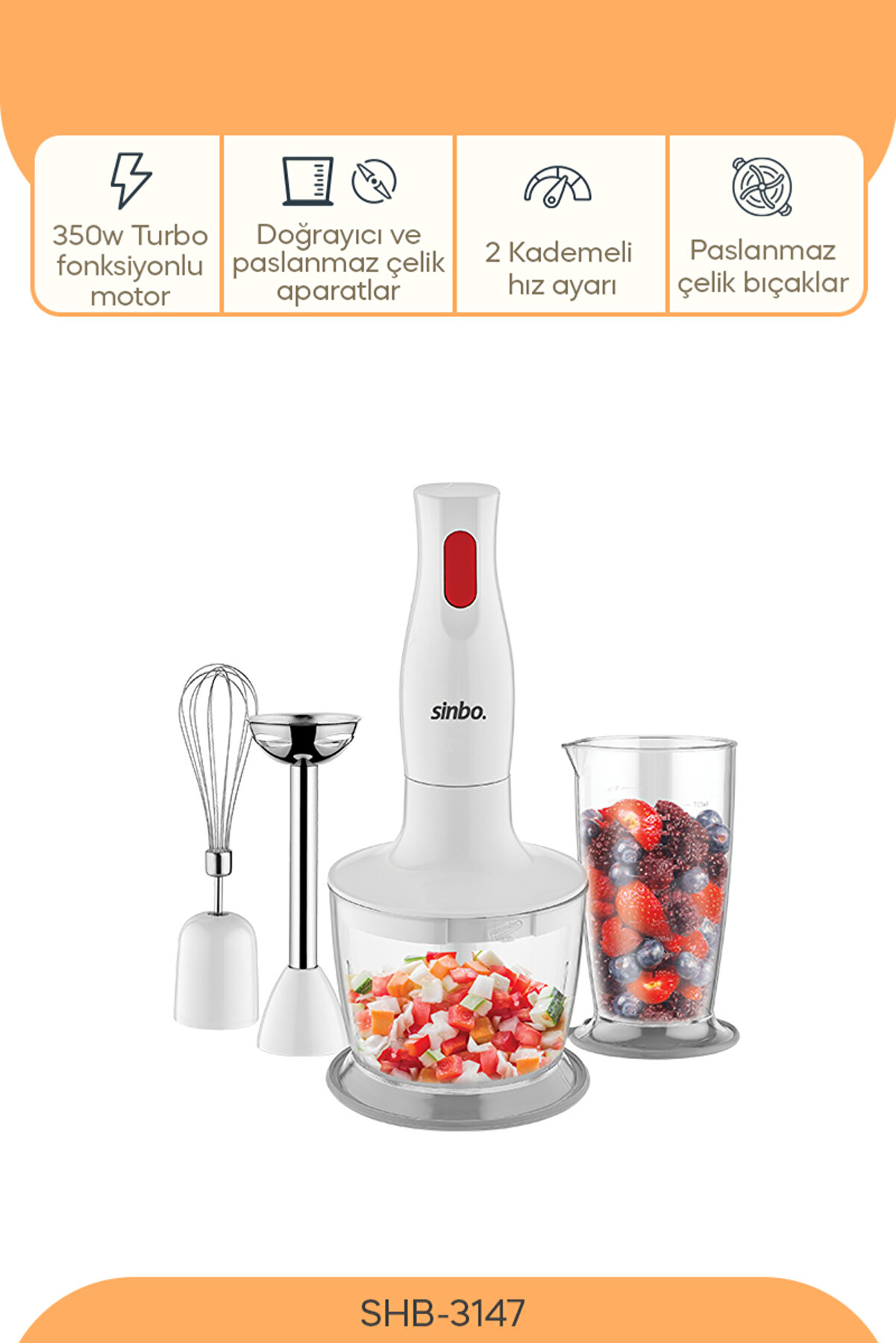 Shb-3147 3 Fonksiyonlu El Blender Seti - Beyaz / 300 Watt