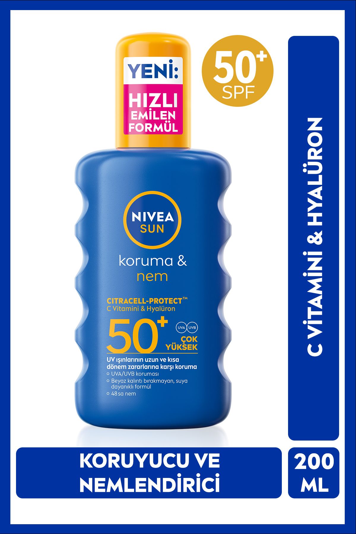 SUN SPF 50+ Yüksek Güneş Koruyucu ve Nemlendirici Vücut Spreyi 200ml, Suya Dayanıklı