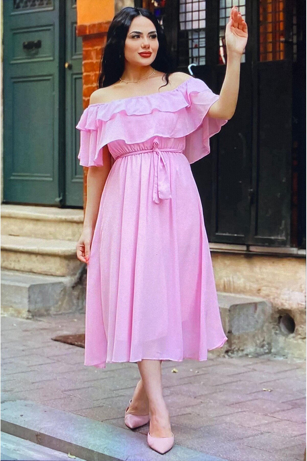 Fırfır Yaka Şifon Elbise