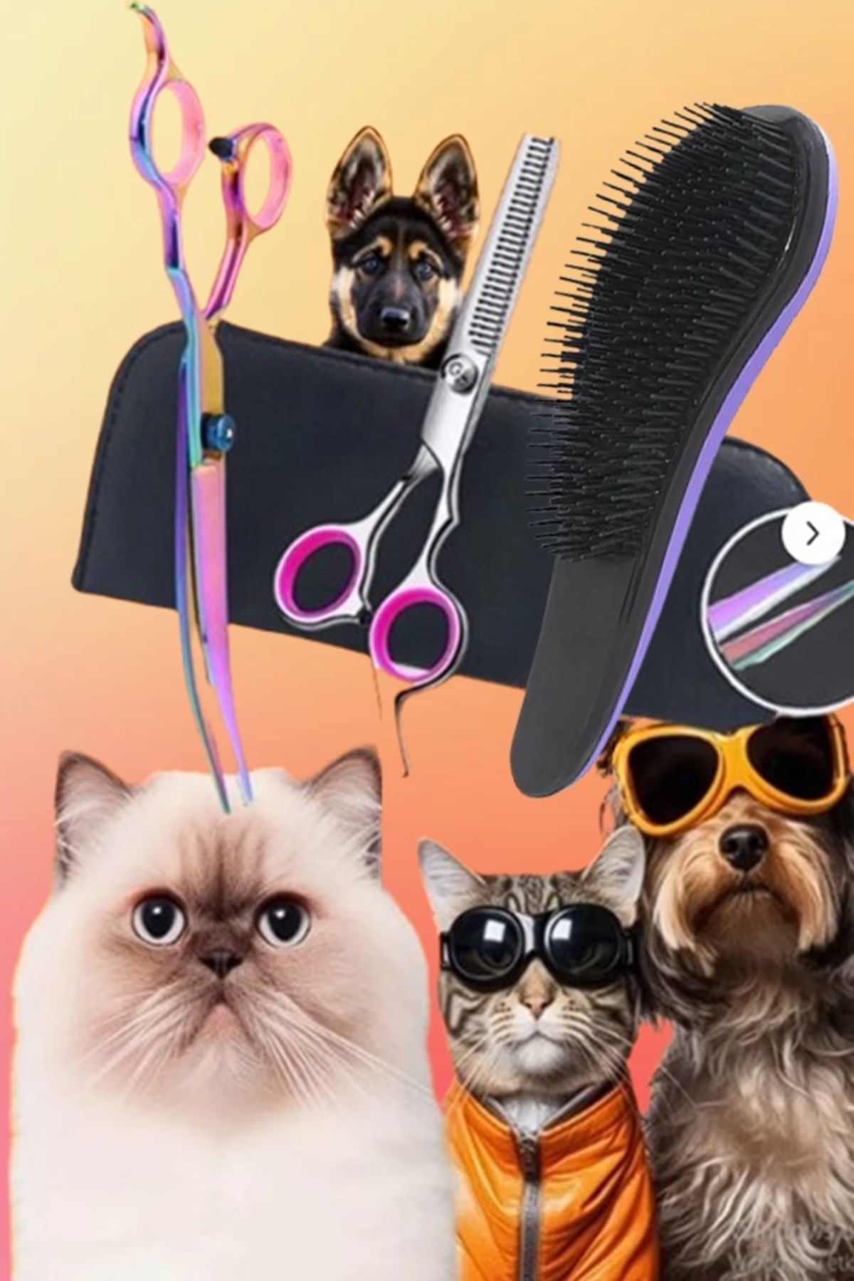 7 İnç Tımar Taraklı 4 Parça Deri Çantalı Evcil Hayvan Özel Tıraş Seti Kavisli Makas Ara Makas Tarak