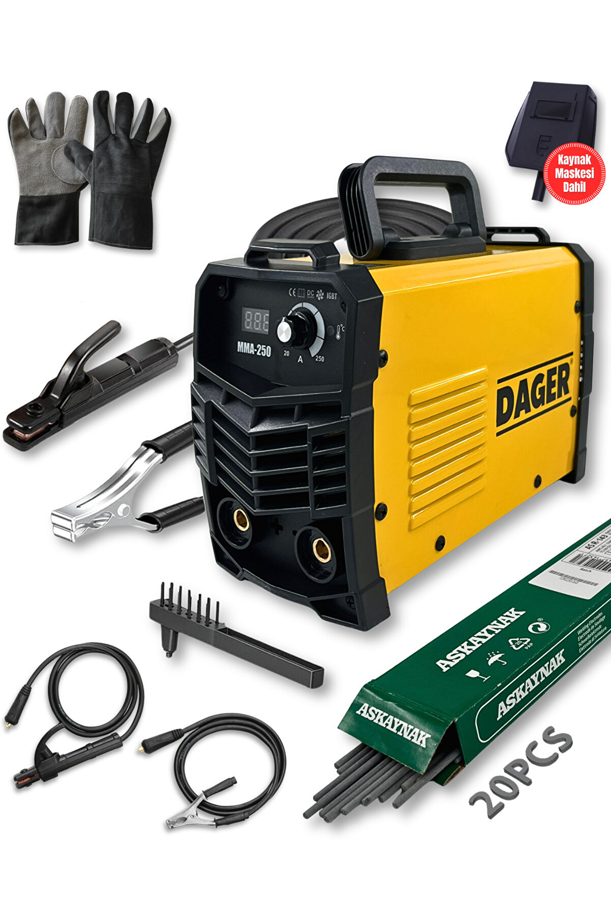 MMA250 250 Amper İnverter Mini Çanta Kaynak Makinesi Seti | IGBT | Dijital Ekran | Elektrod + Maske