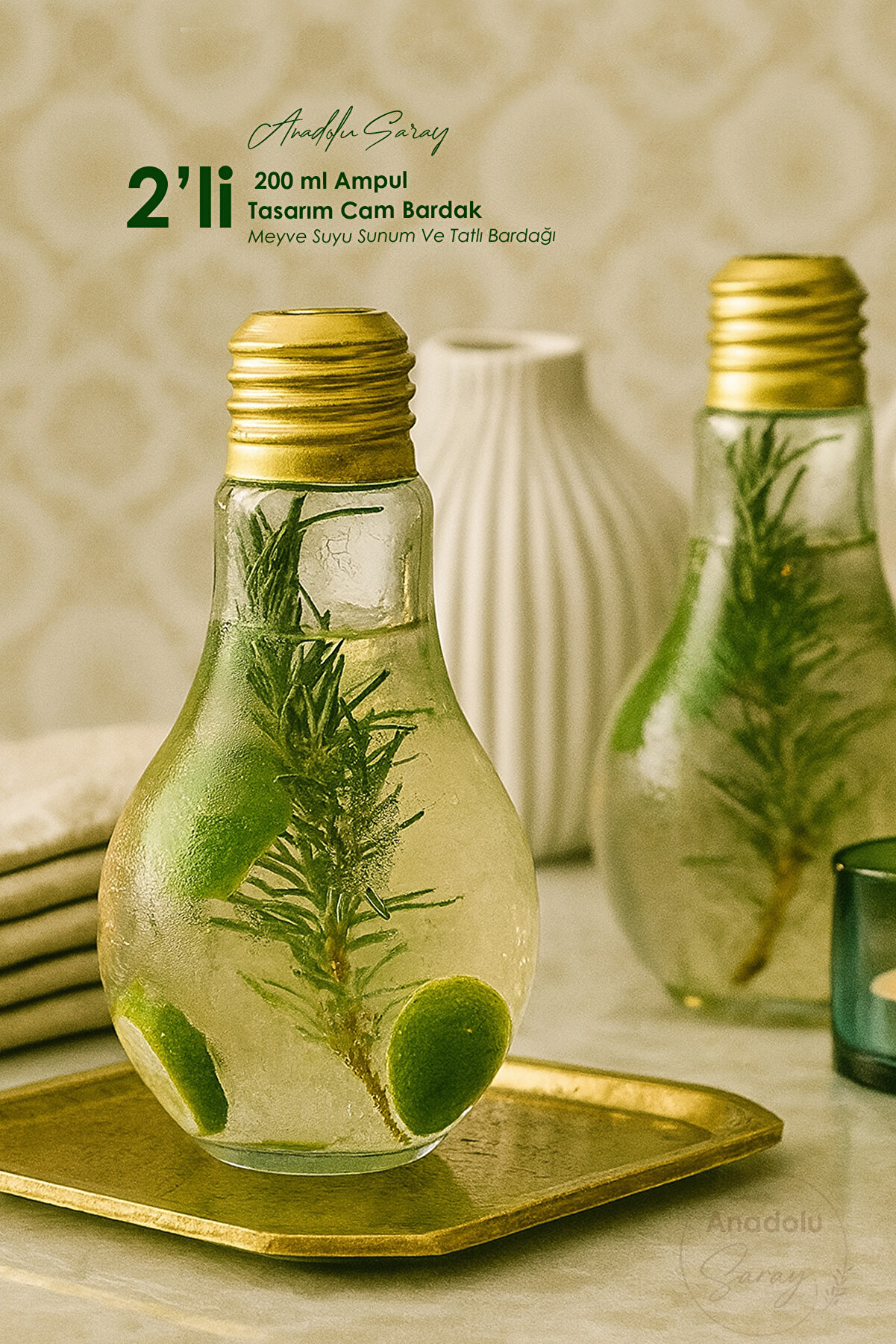 2 ADET 200 ml Ampul Tasarım Cam Bardak Trend Meyve Suyu Sunum Ve Tatlı Bardağı | Vazo - 2 Adet