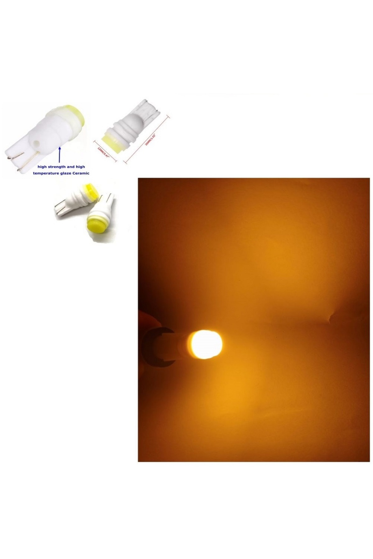 ( 4 X ADET) 1 SET T10 LED DİPSİZ AMPUL 12V PORSELEN&SERAMİK AMBER (0°ISINMA&PORSELEN ZEMİN)
