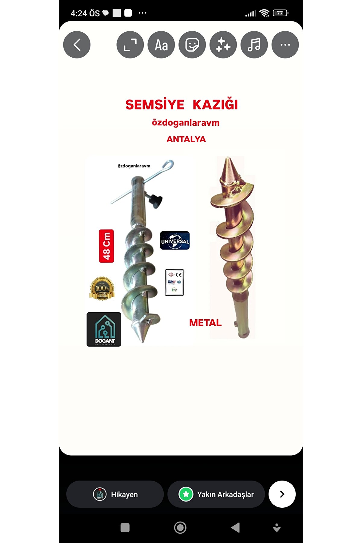 Burgulu Metal Sıkma Aparatlı Plaj Şemsiye Kazığı