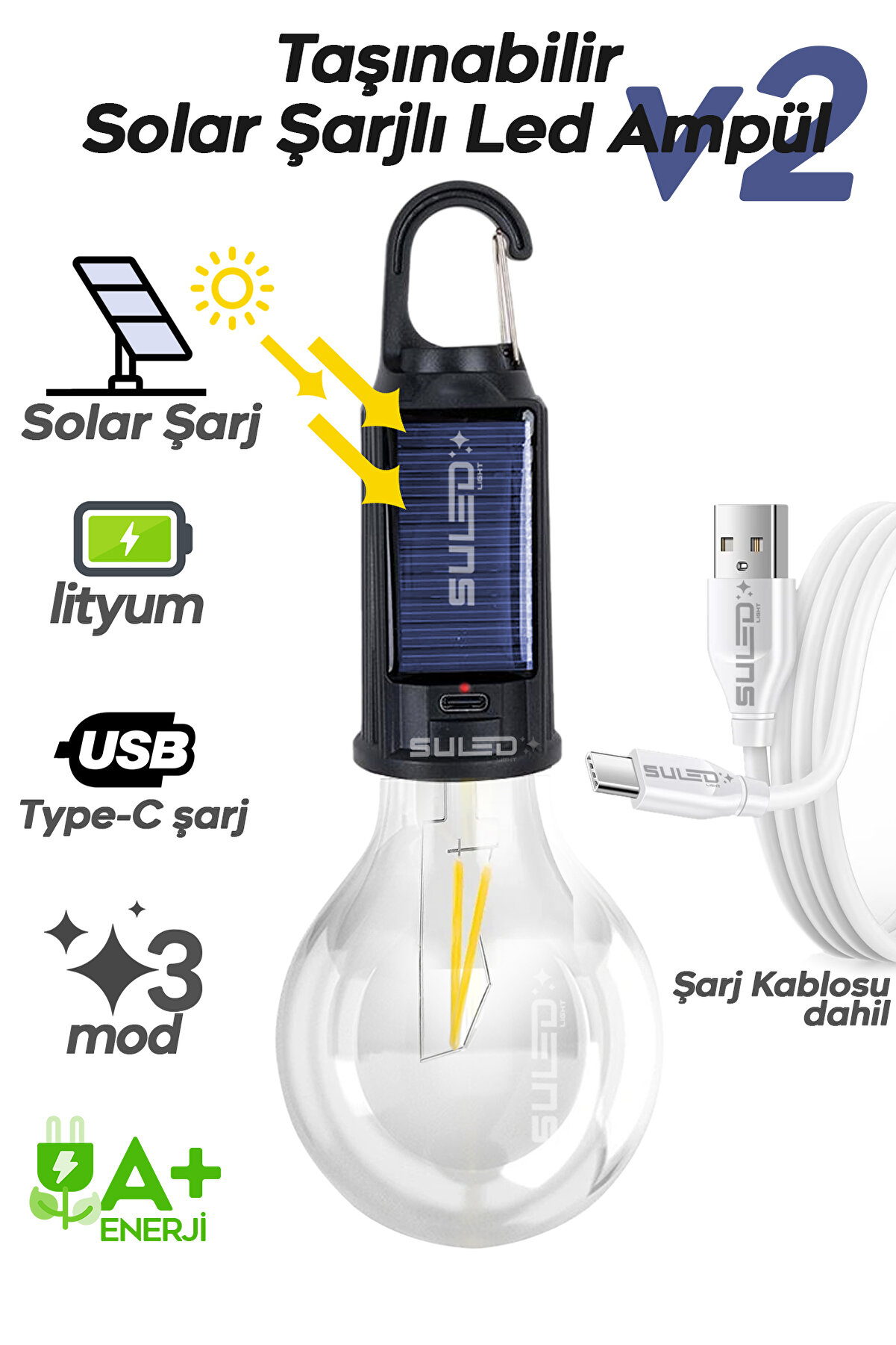 Taşınabilir Solar USB Şarjlı Led Ampül Outdoor Kamp Bahçe Lambası 10W Askılı Kırılmaz Led Işık