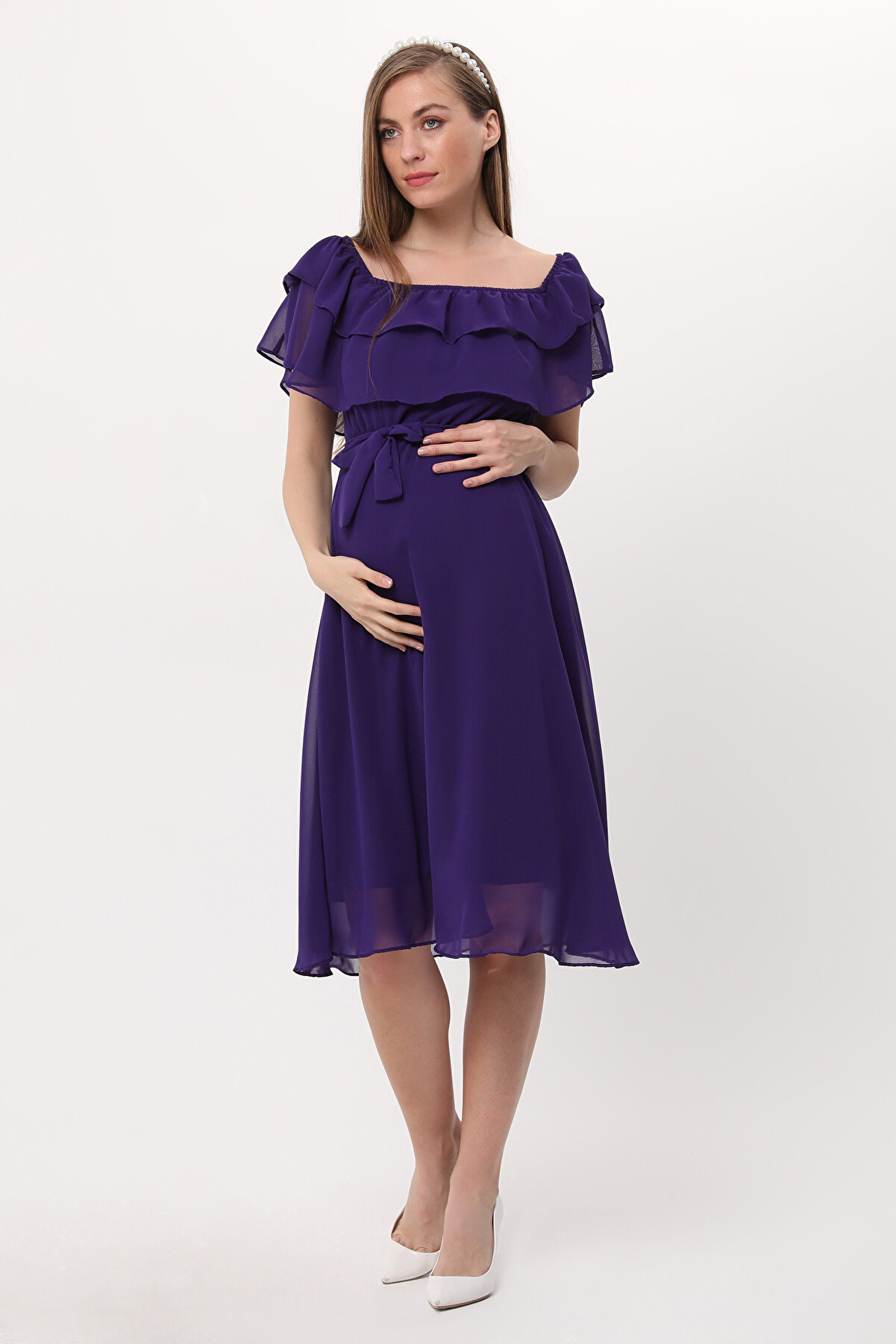 Fırfır Yaka Şifon Elbise