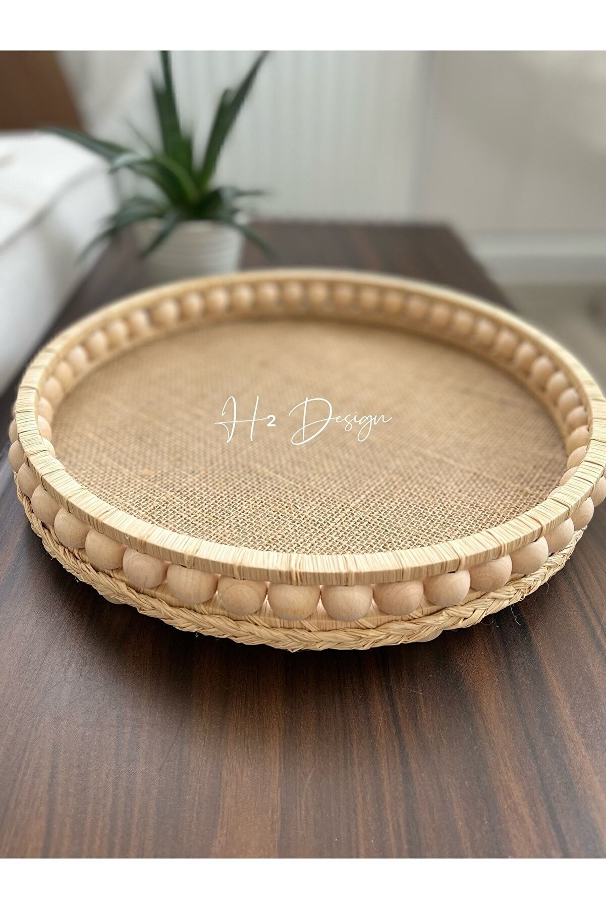 Ahşap Boncuklu Doğal Rafya Hasır Dekoratif Tepsi 29.5 Cm